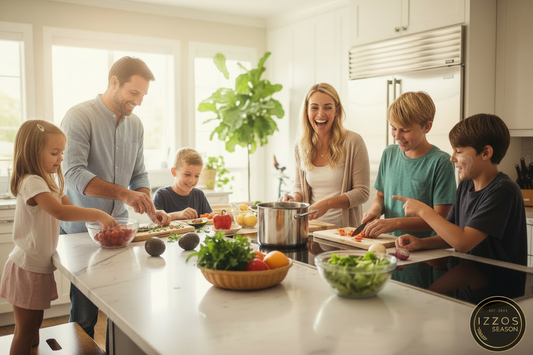 "Family cooking together in a bright kitchen with Izzo's Season Original and Spicy All Purpose Seasoning bottles on the counter"