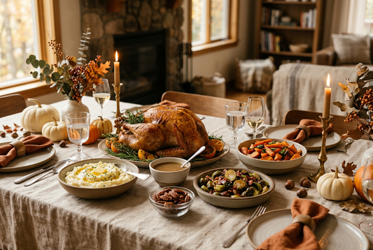 Thanksgiving table with roast turkey, mashed potatoes, roasted vegetables, pecans, pumpkins, and candles.