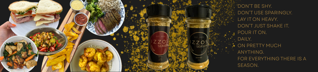 Izzos Season Seasoning bottles with pictures and text overlay