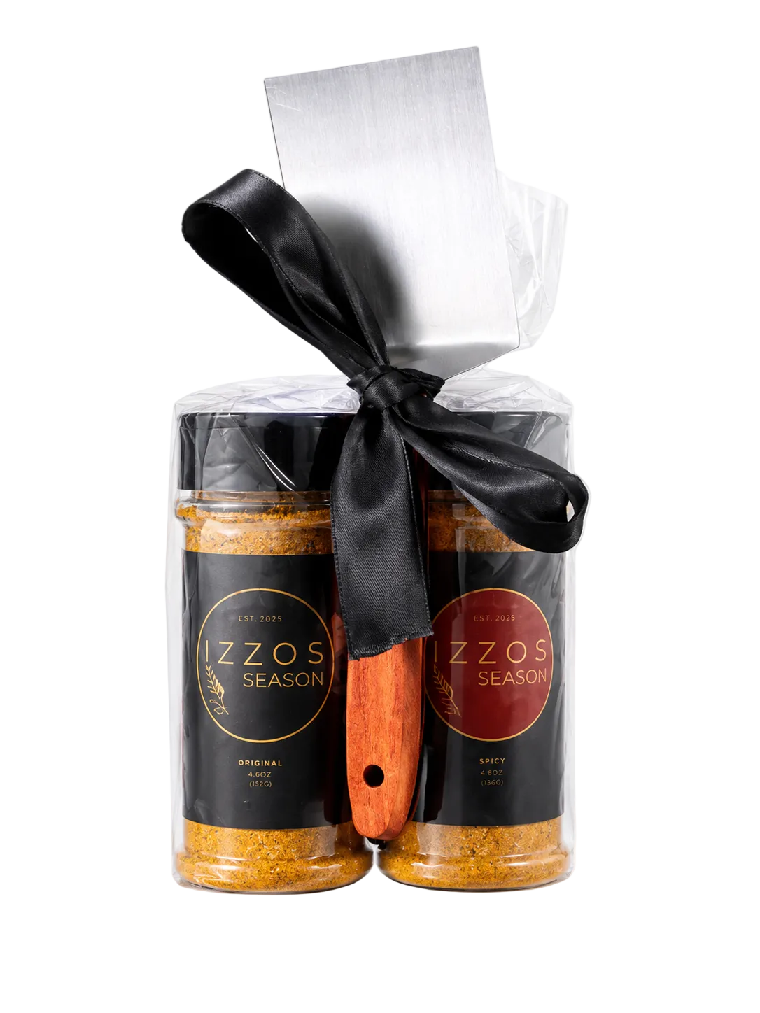 BBQ seasoning gift set with Izzo's Season Original and Spicy all-purpose seasonings, wooden grill scraper for Fathers Day 